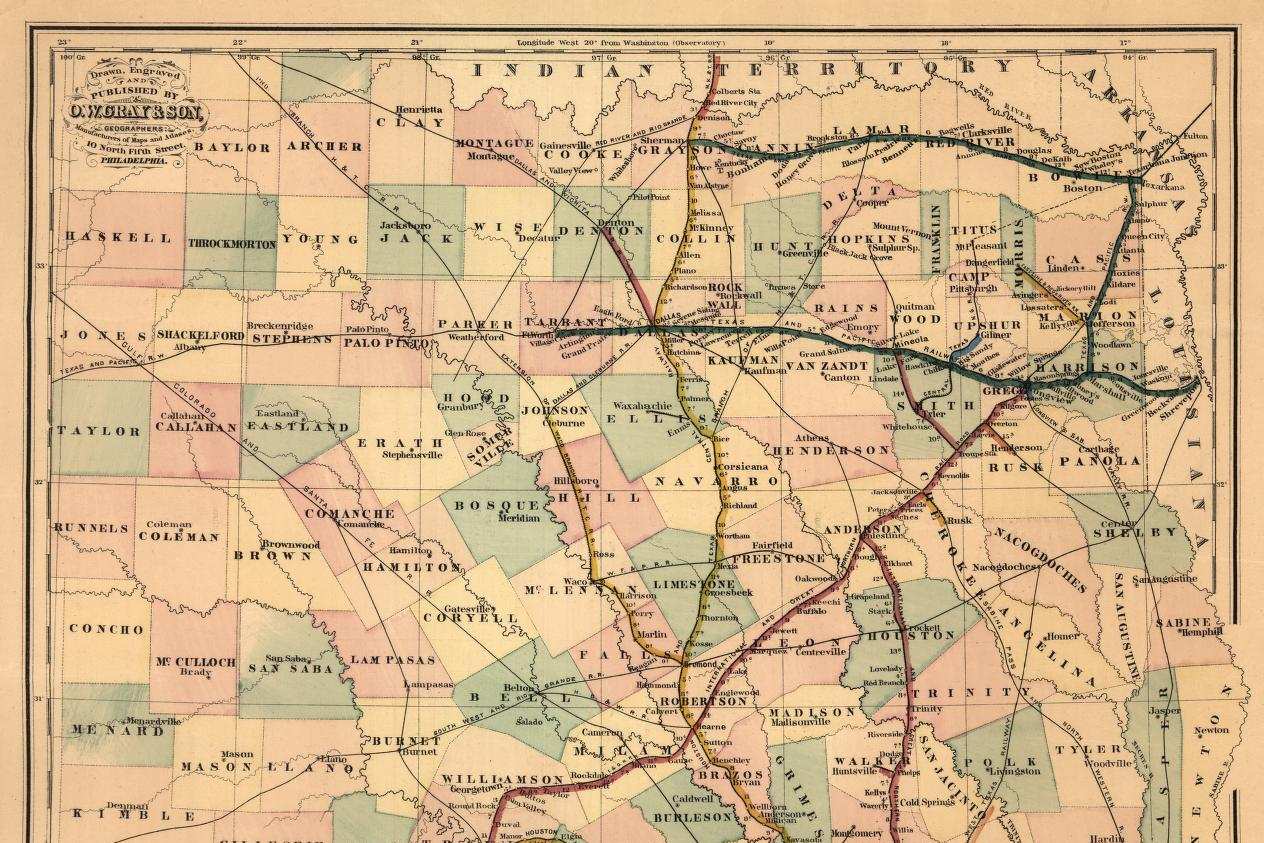 A hand colored map of Texas with counties in pastel tints, railroad lines drawn in colored bands across the east and thin black lines running west, a title block in the Gulf of Mexico and an inset of the Southwest in the lower right.