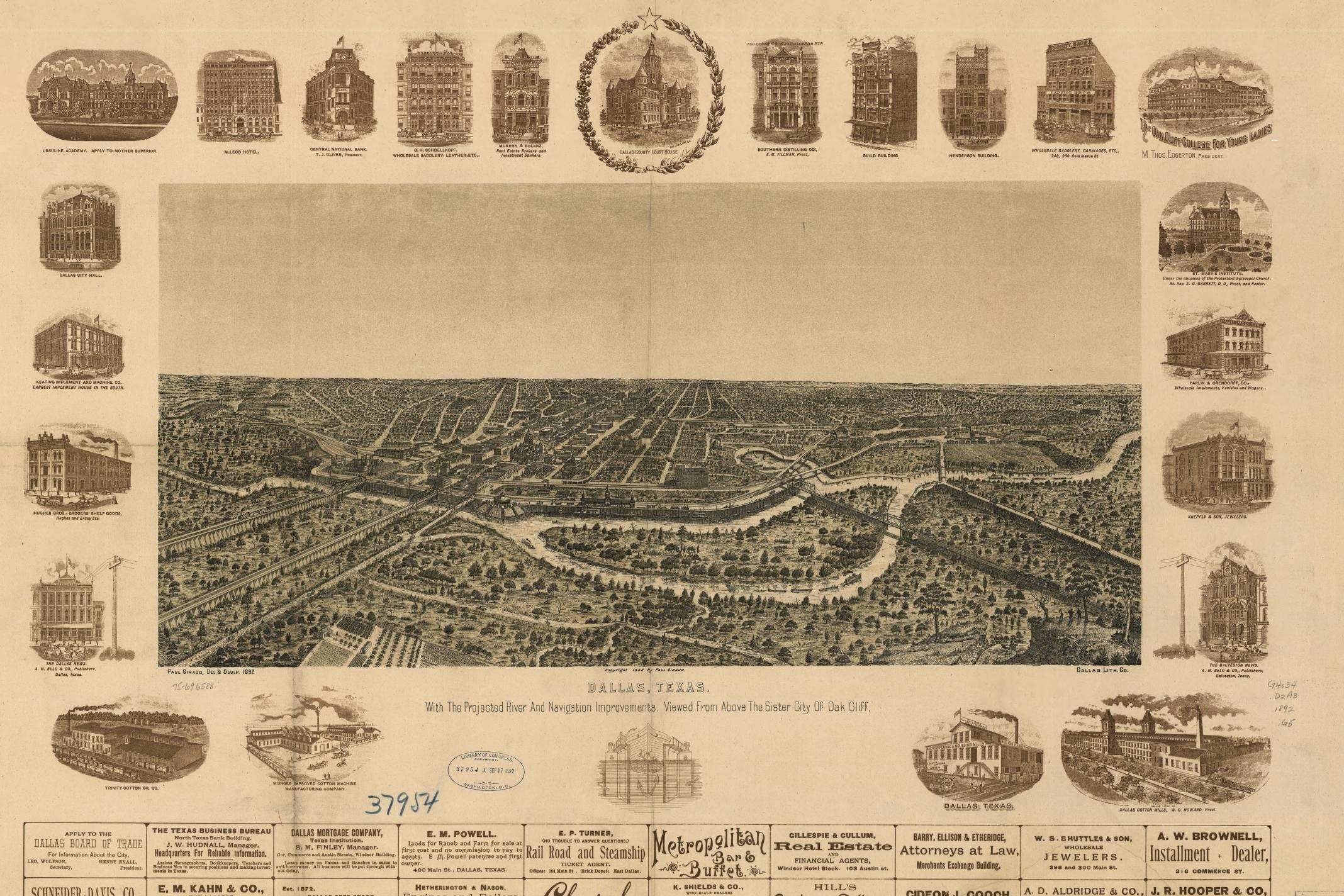 A bird's eye view of Dallas from across the Trinity River, framed by small engravings of commercial buildings and a row of business advertisements along the bottom.
