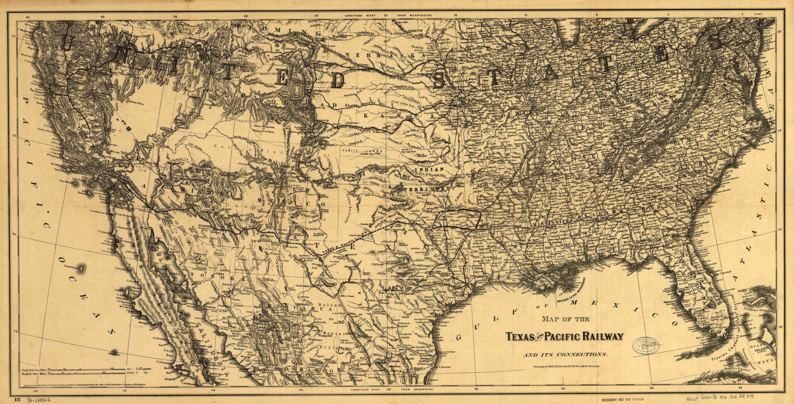A large engraved map of the United States with the Texas and Pacific line drawn across Texas toward the Pacific coast and the railway's name set in bold type near the Gulf of Mexico.