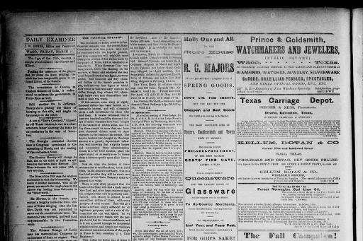 Second page of the Waco Daily Examiner for March 27, 1874, with editorial columns on the left and advertisements for Waco merchants filling the right side.