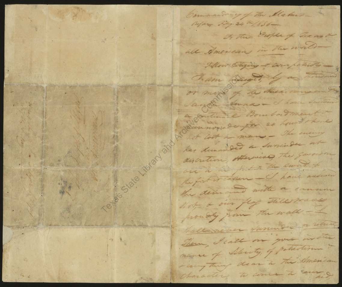 An opened, creased sheet of aged paper: the left half shows a faded address panel written sideways, the right half the first page of the letter in brown ink, beginning with the Alamo dateline, with a diagonal watermark of the State Library across it.