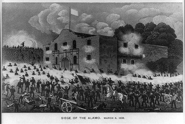 Engraving of the Alamo chapel and long barrack wreathed in gunsmoke, with a flag on a pole above the chapel, ladders against the walls and ranks of soldiers with muskets, a mounted officer and cannon in the foreground.